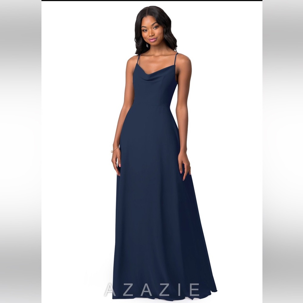 Azazie Navy Cowl Neck Spaghetti Strap A-Line Wedding Dress
